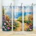 All sides of tumbler showing floral beach scene with vivid flowers and ocean waves
